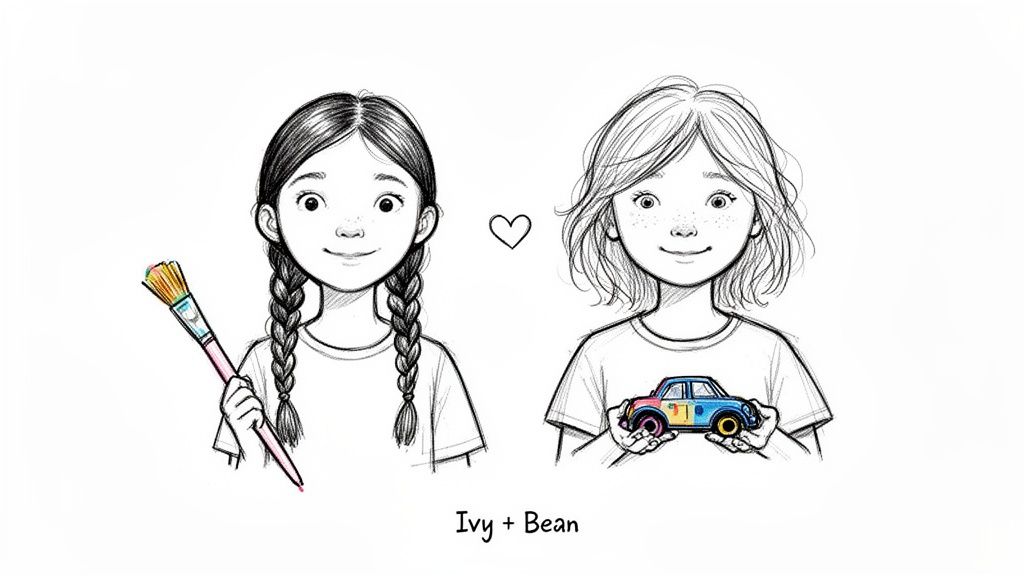 Charming illustration of Ivy and Bean, two smiling girls, one with a paintbrush, one with a toy car.