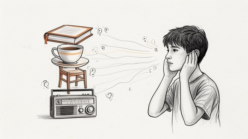 A sketch of a young boy covering his ears from imaginary sounds emanating from common objects.