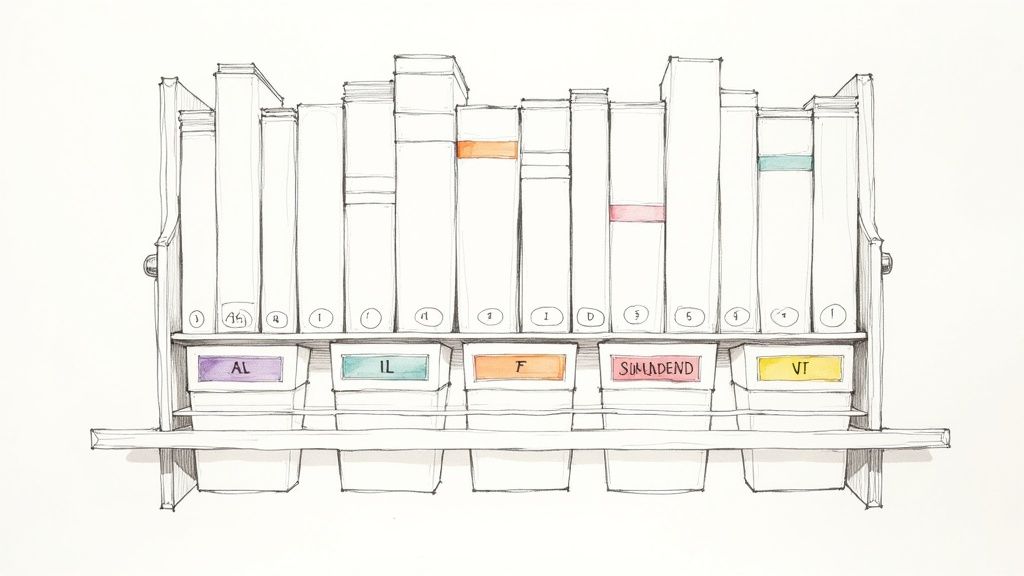 A detailed sketch of an organized library bookshelf with binders and labeled storage boxes.
