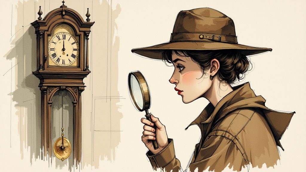 A vintage-style illustration of Nancy Drew examining an old grandfather clock with a magnifying glass