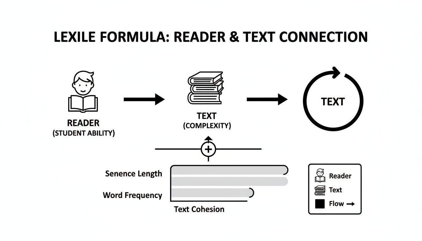 A diagram explaining the Lexile formula, showing the connection between reader ability and text complexity factors.