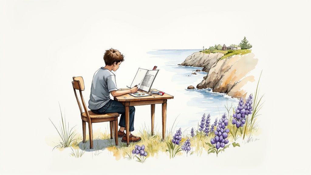 Artist painting watercolor coastal landscape with lupine flowers and rocky cliffs overlooking ocean