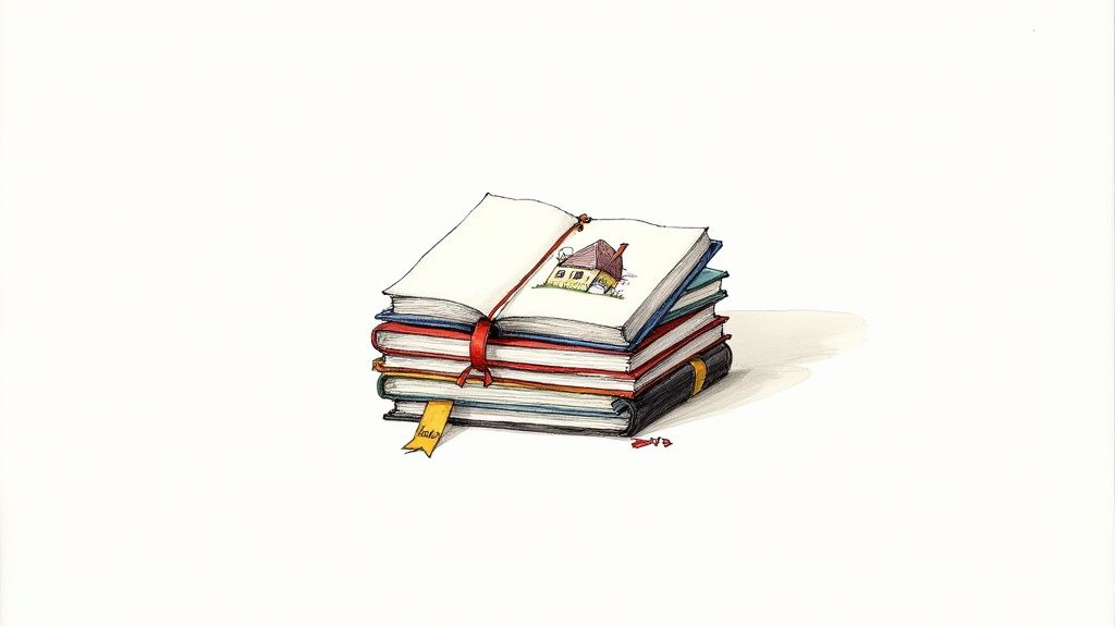 An illustration of a bookshelf filled with colorful children's books, representing the Mrs. Piggle-Wiggle series.