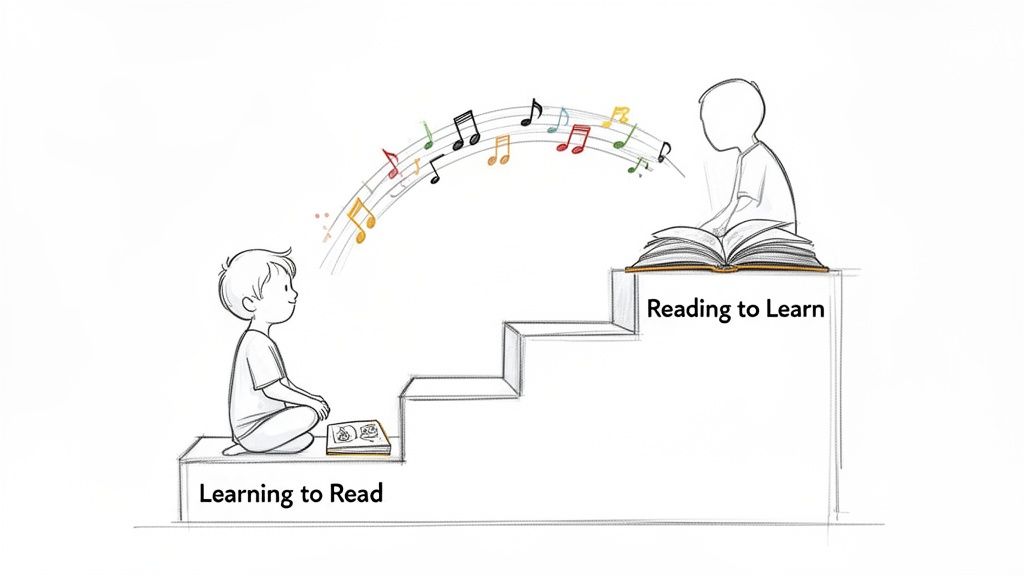 Illustration shows two children on steps, symbolizing the journey from learning to read to reading to learn.