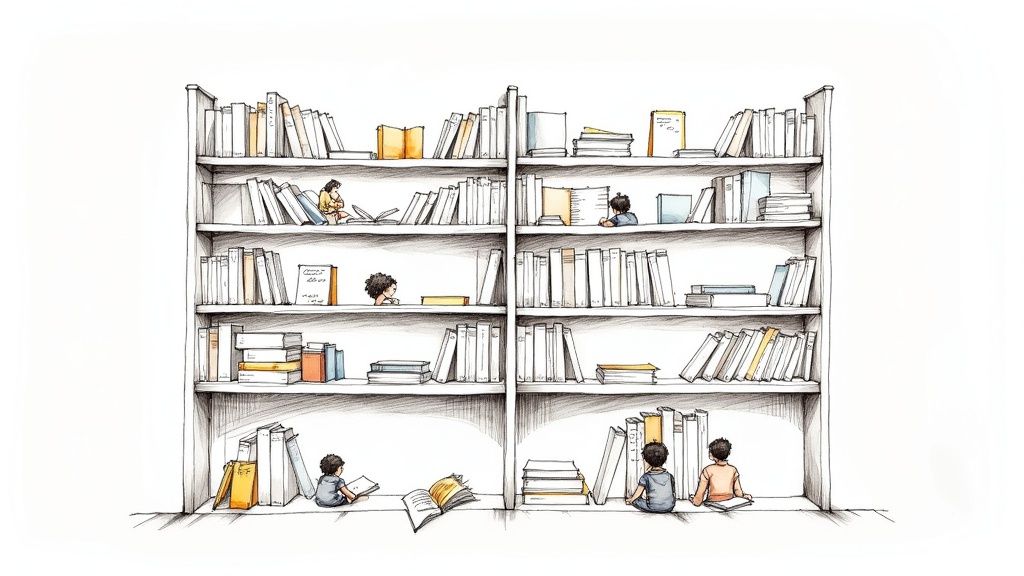 Children find quiet corners within a large, towering bookshelf, engrossed in reading various books.