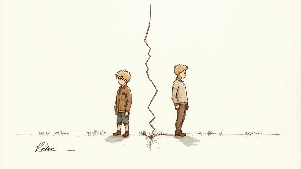 Two illustrated boys standing apart separated by crack symbolizing growing distance in friendship