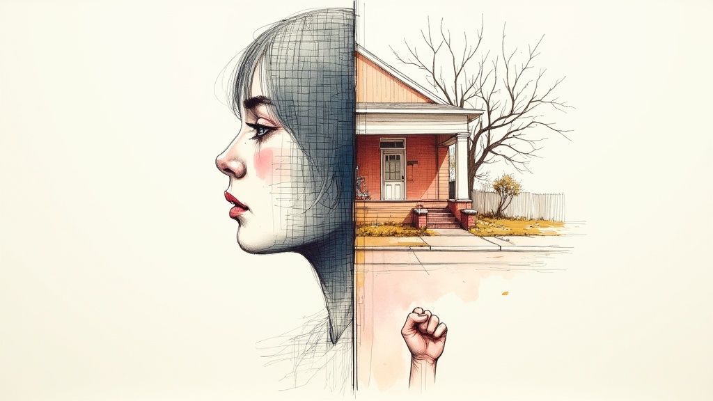 Artistic illustration blending woman's profile with house scene showing introspection and memory