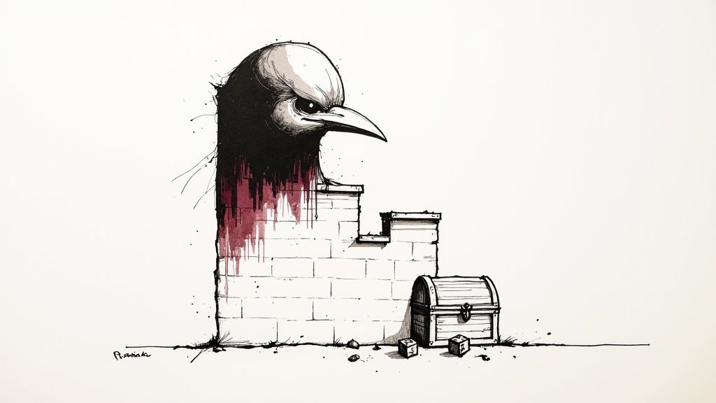 Stylized ink drawing: a menacing black bird head atop a brick wall, beside a wooden treasure chest.