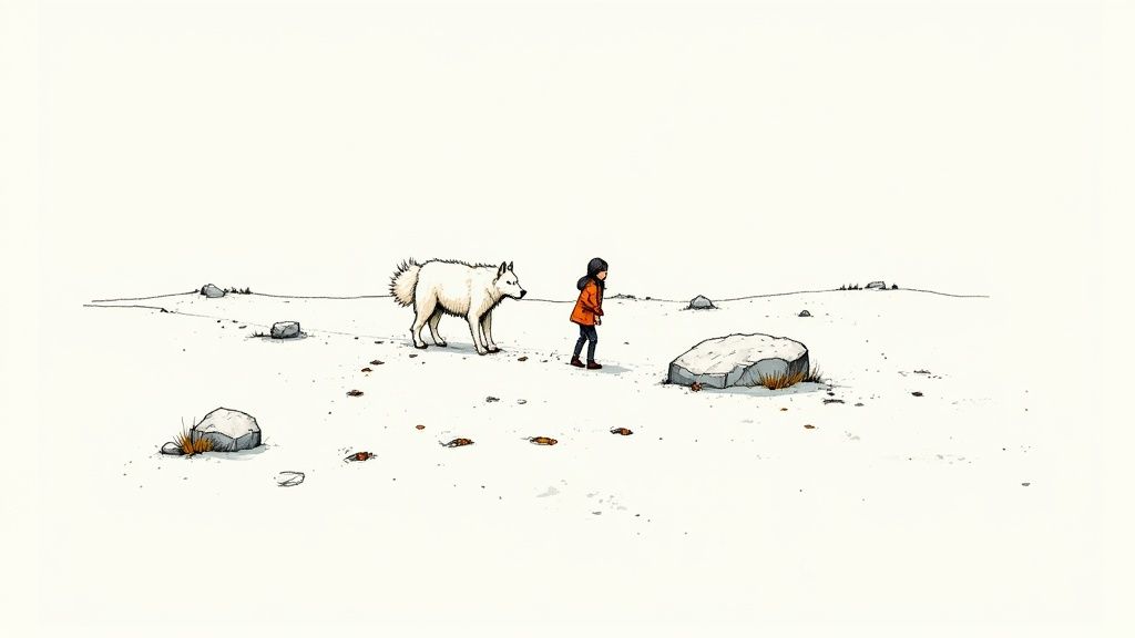 A wolf standing on a snowy hill, looking out over a vast, icy landscape.