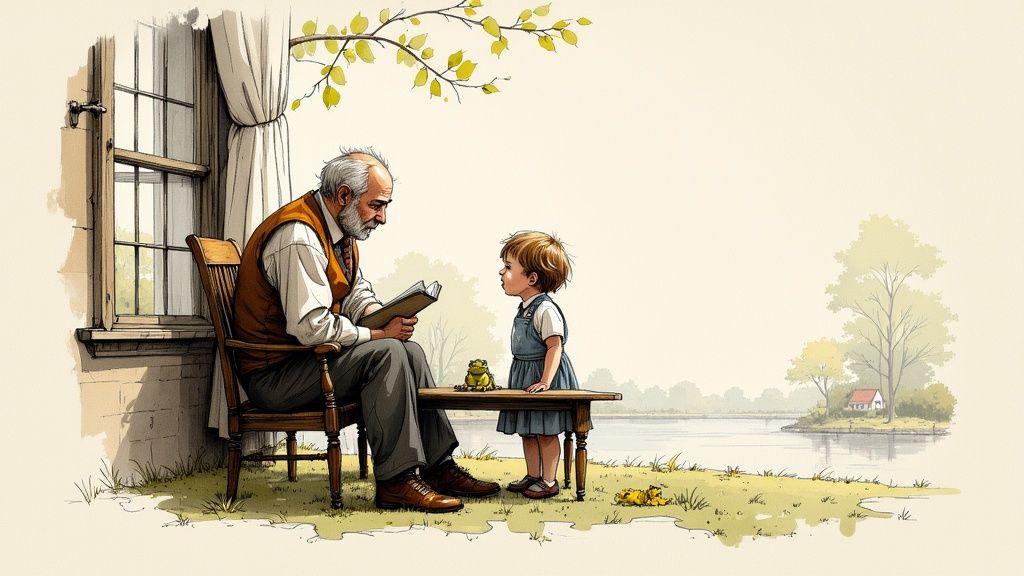 A vintage-style photograph of a serene river landscape, reminiscent of the Thames Valley, with lush greenery and calm waters.