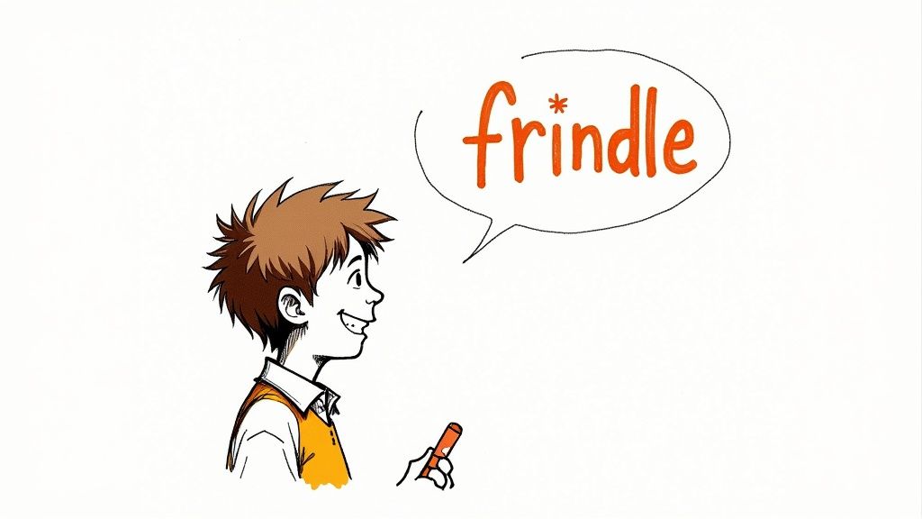 A young boy smiling while reading a book in a library, representing the joy of discovering stories like Frindle.