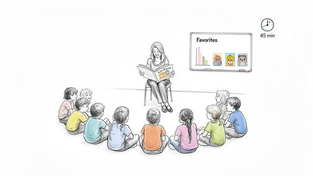 Teacher reads 'Cute Kids' book to a diverse group of children, whiteboard shows 'Favorites' and a 45 min clock.