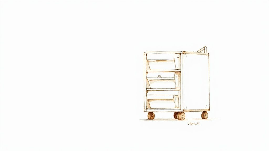 A minimalist sepia-toned sketch of a mobile, three-tiered storage cart with shelves on wheels.