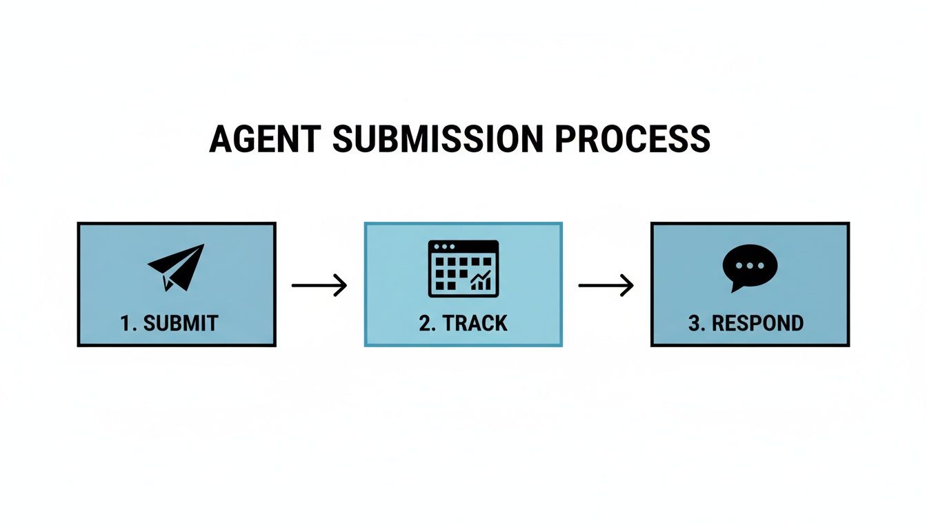 Flowchart illustrating the agent submission process: 1. Submit, 2. Track, and 3. Respond steps.