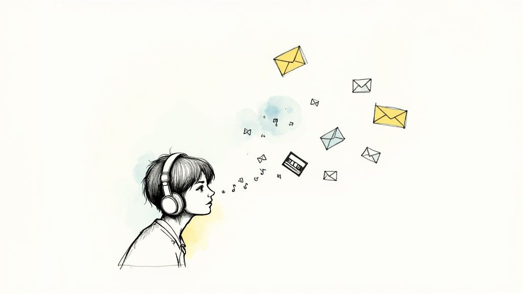 Person wearing headphones with illustrated envelopes and music notes flowing from their mouth