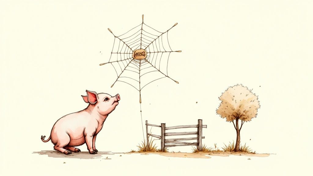 A pig looks up at a spiderweb with the word 'word' in its center, beside a fence and a tree.