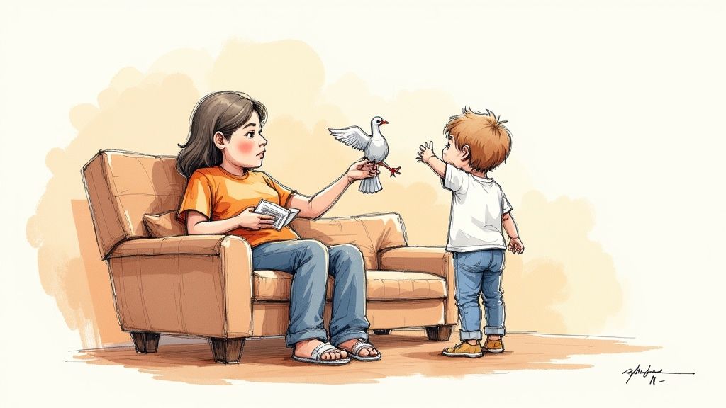 An illustration of a woman holding a white dove while a child reaches out to pet it.