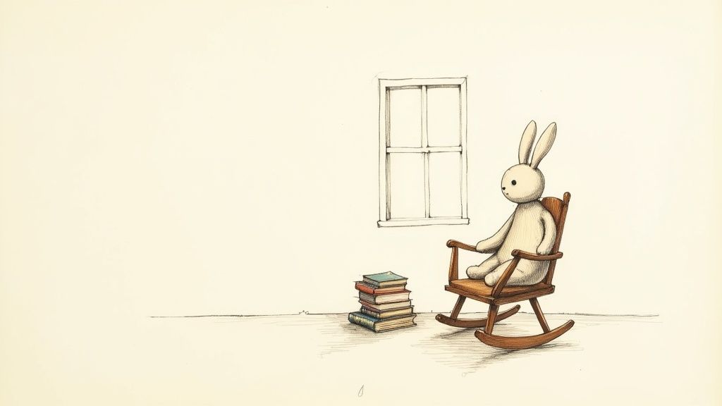 A classic illustration of the Velveteen Rabbit sitting in a nursery