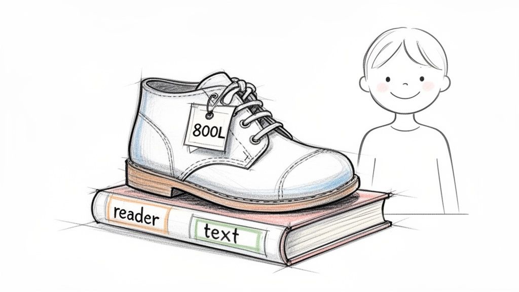 A sketch of a shoe with an '800L' tag on a book labeled 'reader' and 'text', next to a smiling boy.