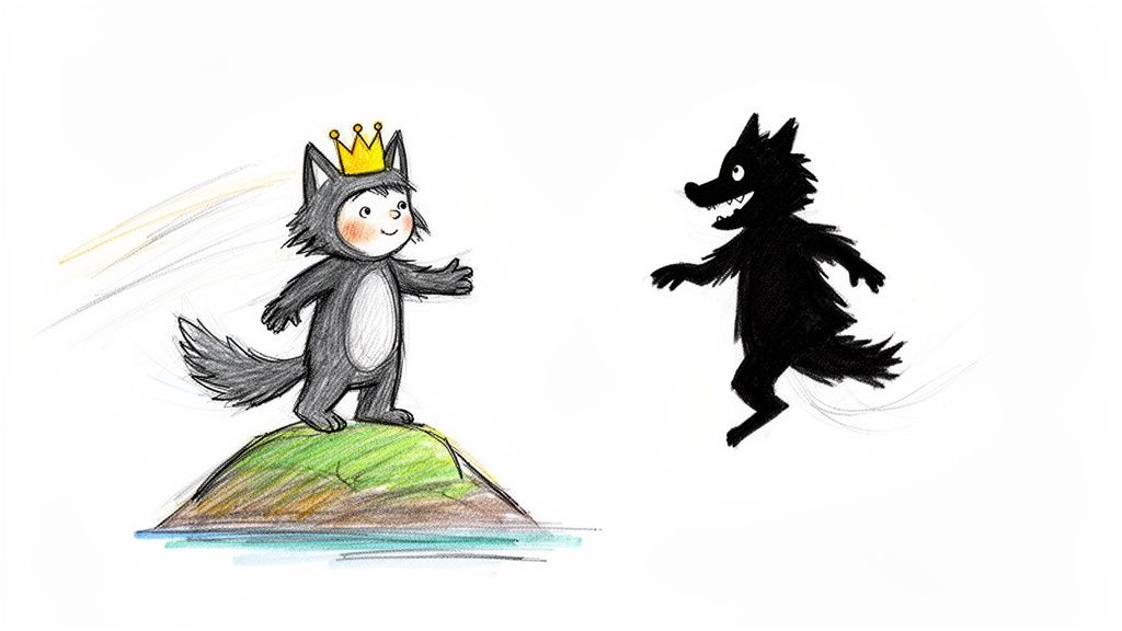 A child in a wolf costume with a crown stands on an island, facing a silhouette of a wild monster.