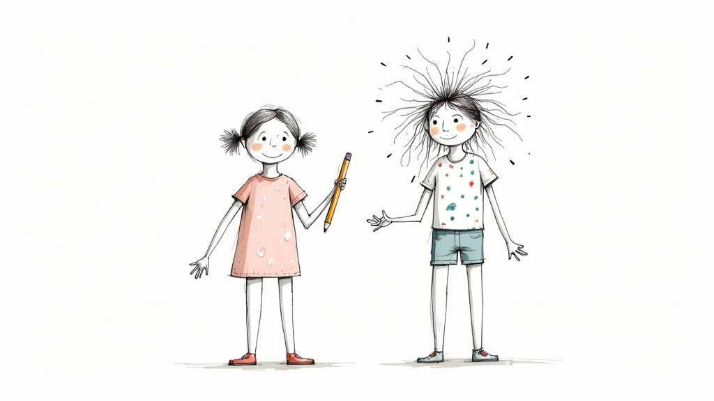 Cartoon illustration of two happy girls, one holding a pencil, the other with static hair.