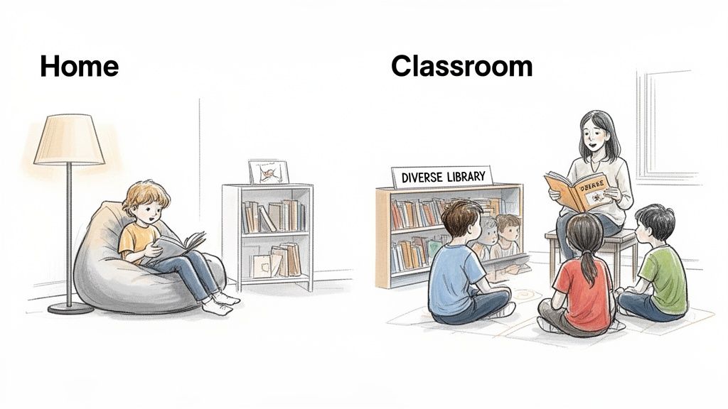 Two scenes depict children reading: one at home, another in a classroom with a teacher and diverse library.