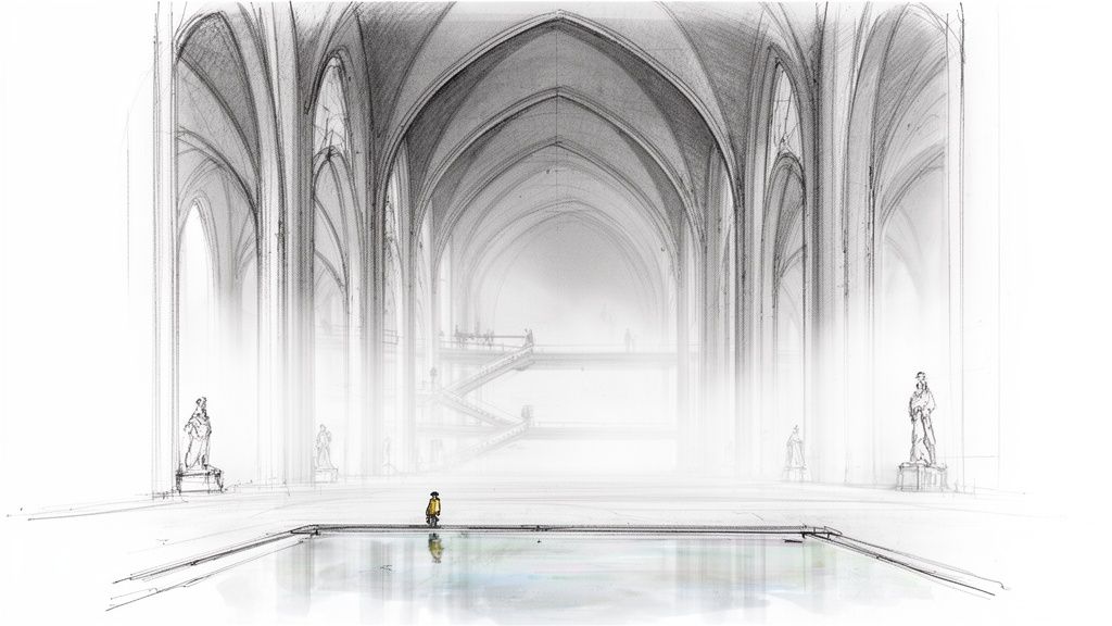 A grand, ethereal architectural sketch of a vaulted hall with a small figure walking by a reflective pool.