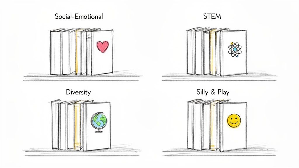 Four categories of children's picture books: Social-Emotional, STEM, Diversity, and Silly & Play, each with a symbolic icon.