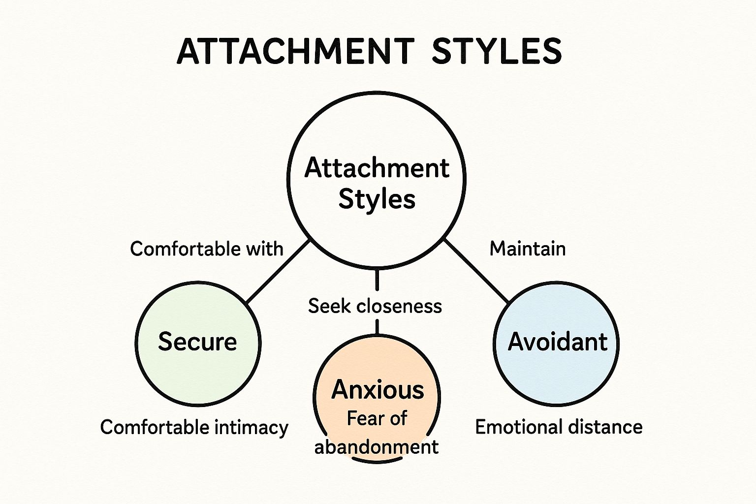 Infographic showing a concept map of the three primary attachment styles: Secure, Anxious, and Avoidant, with their key traits.