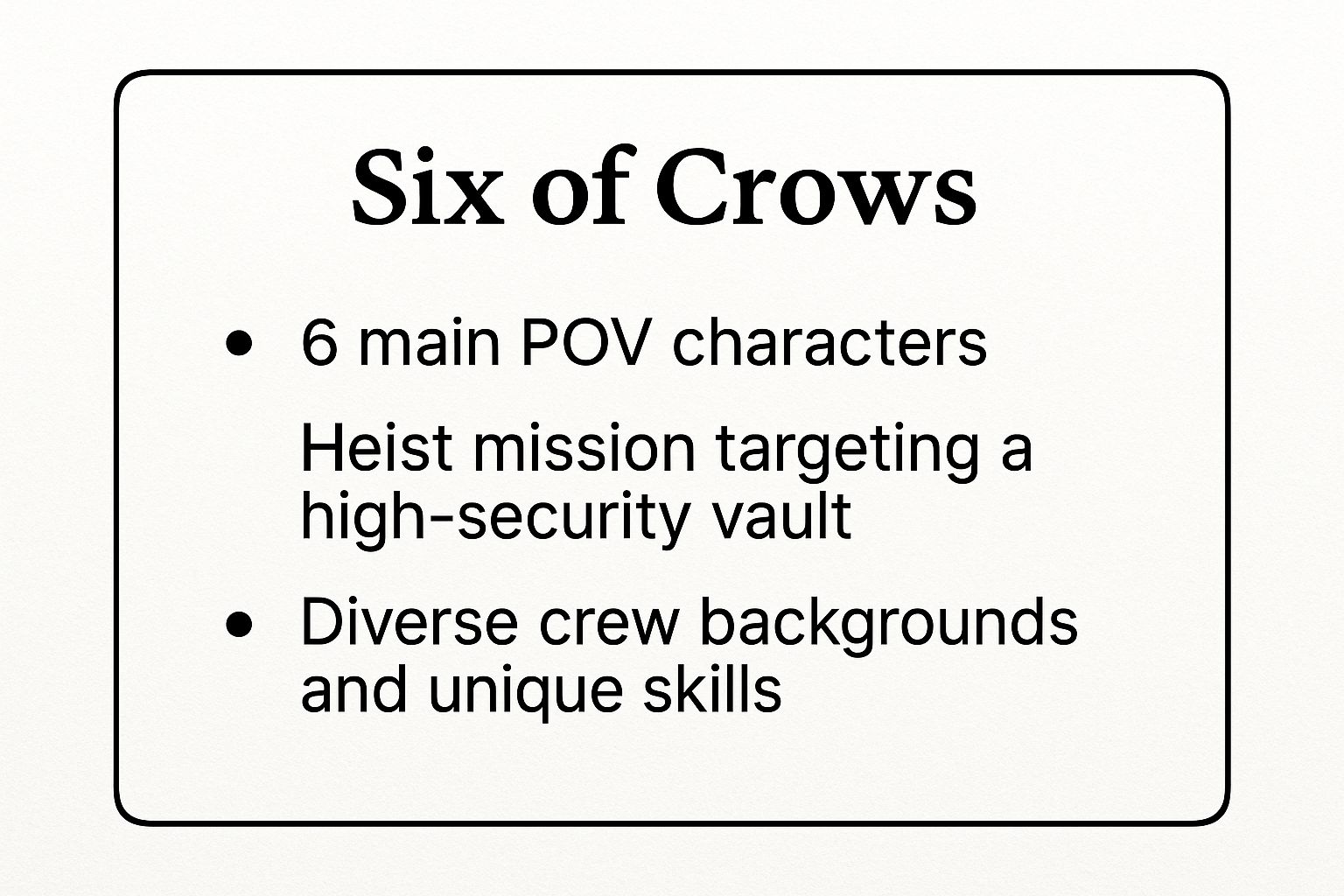 Infographic showing key data about Six of Crows by Leigh Bardugo