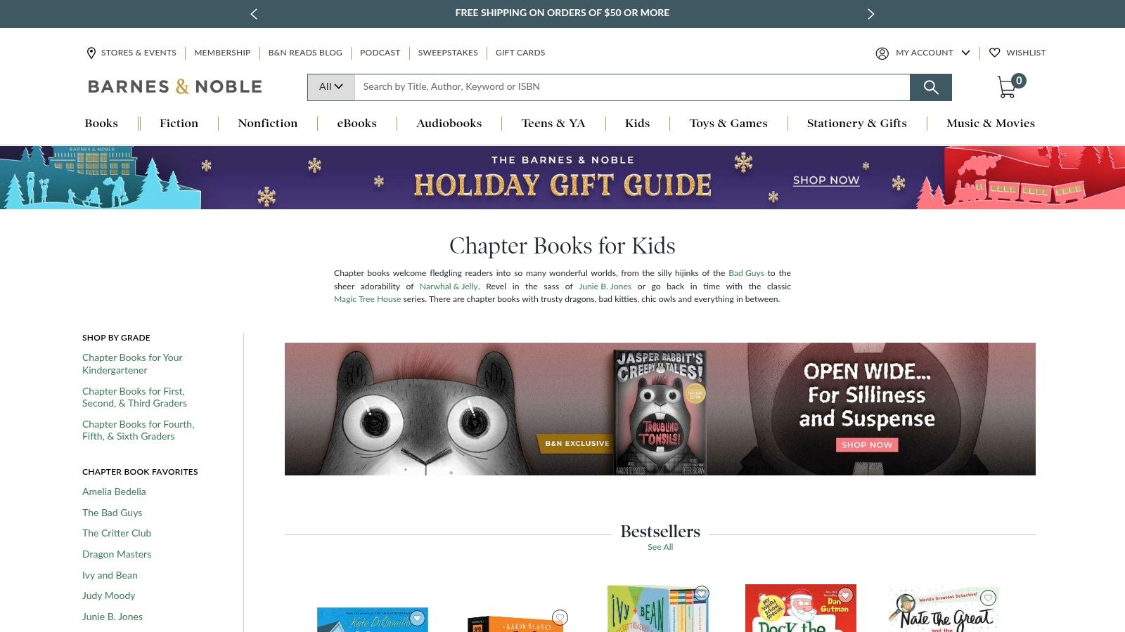 A screenshot of the Barnes & Noble website showing the "Chapter Books for Kids" section with colorful book covers.