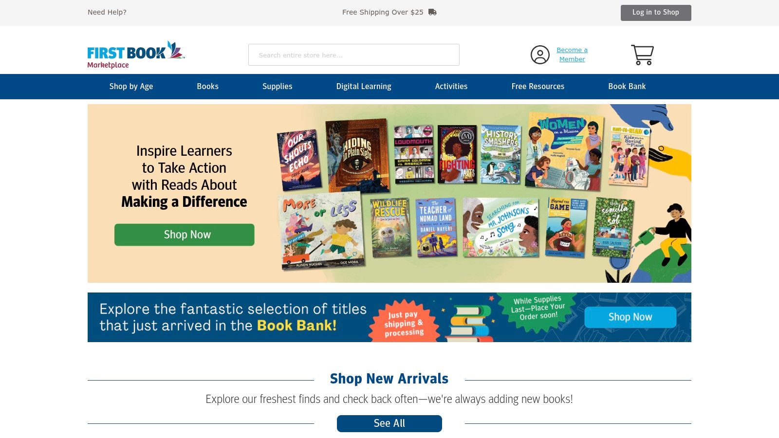 A screenshot of the First Book Marketplace website, showing a colorful and user-friendly interface with book collections.