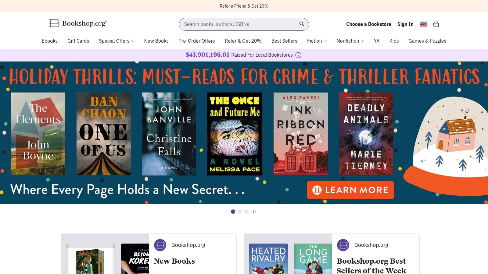Bookshop.org homepage showing curated book lists