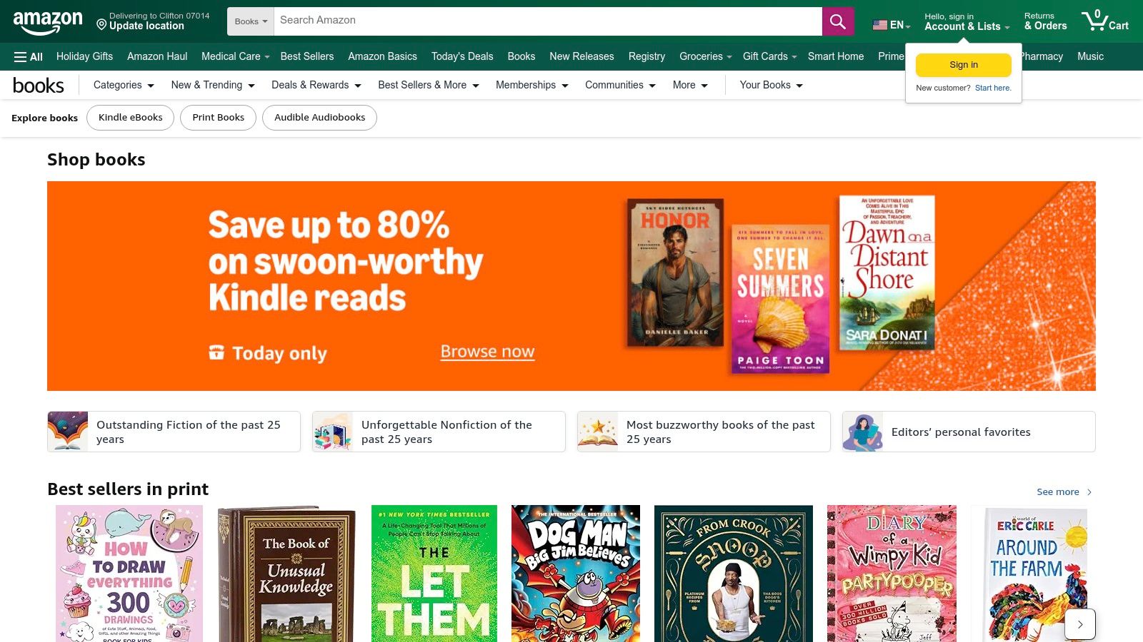A screenshot of the Amazon Books homepage showing various book categories and featured titles.