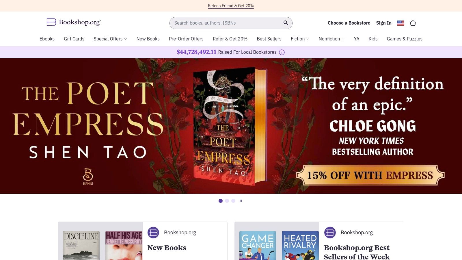 Bookshop.org homepage screenshot showing various book categories and a search bar.