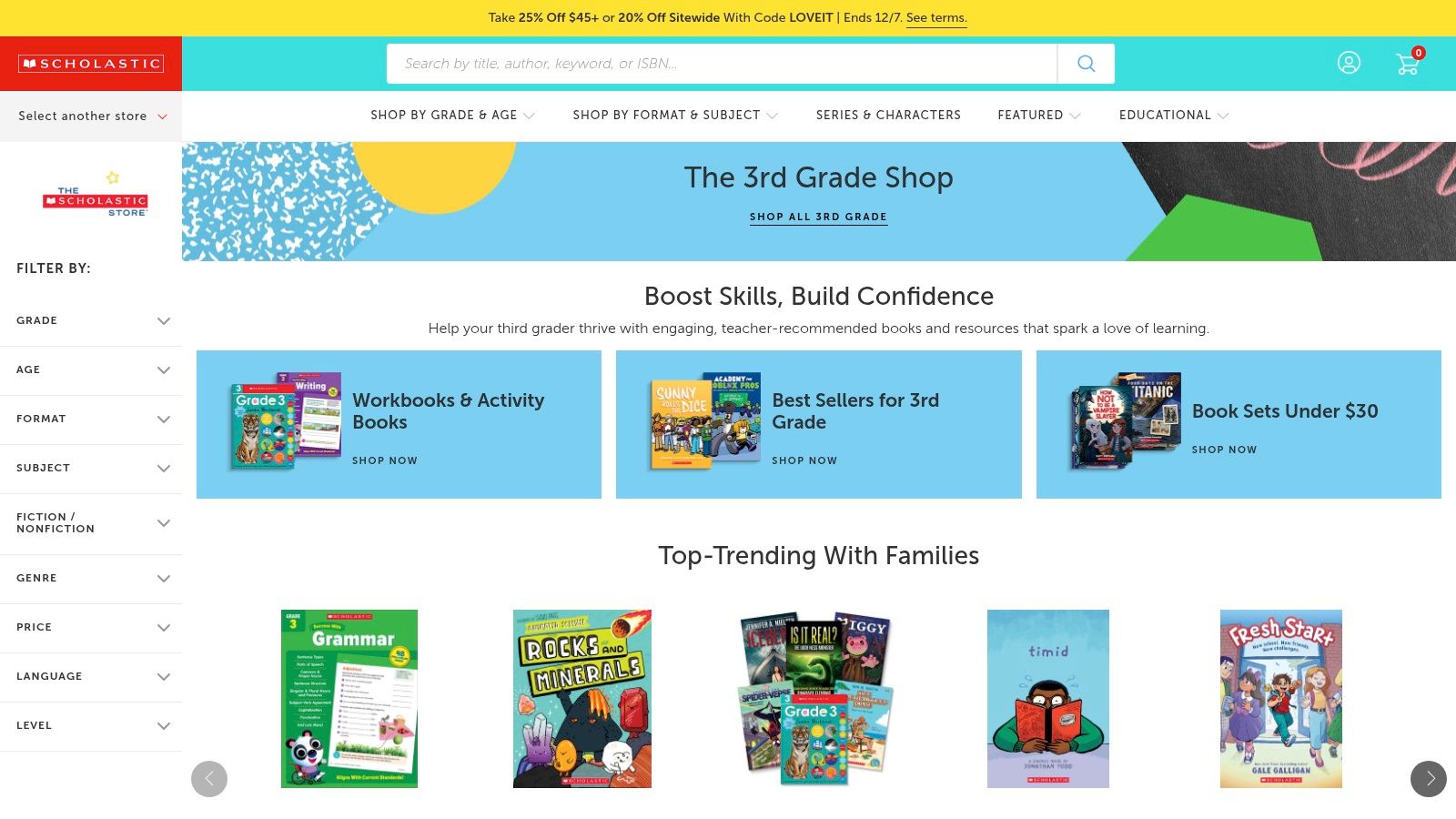 A screenshot of the Scholastic website showing a search results page for "3rd grade books" with various colorful book covers displayed.