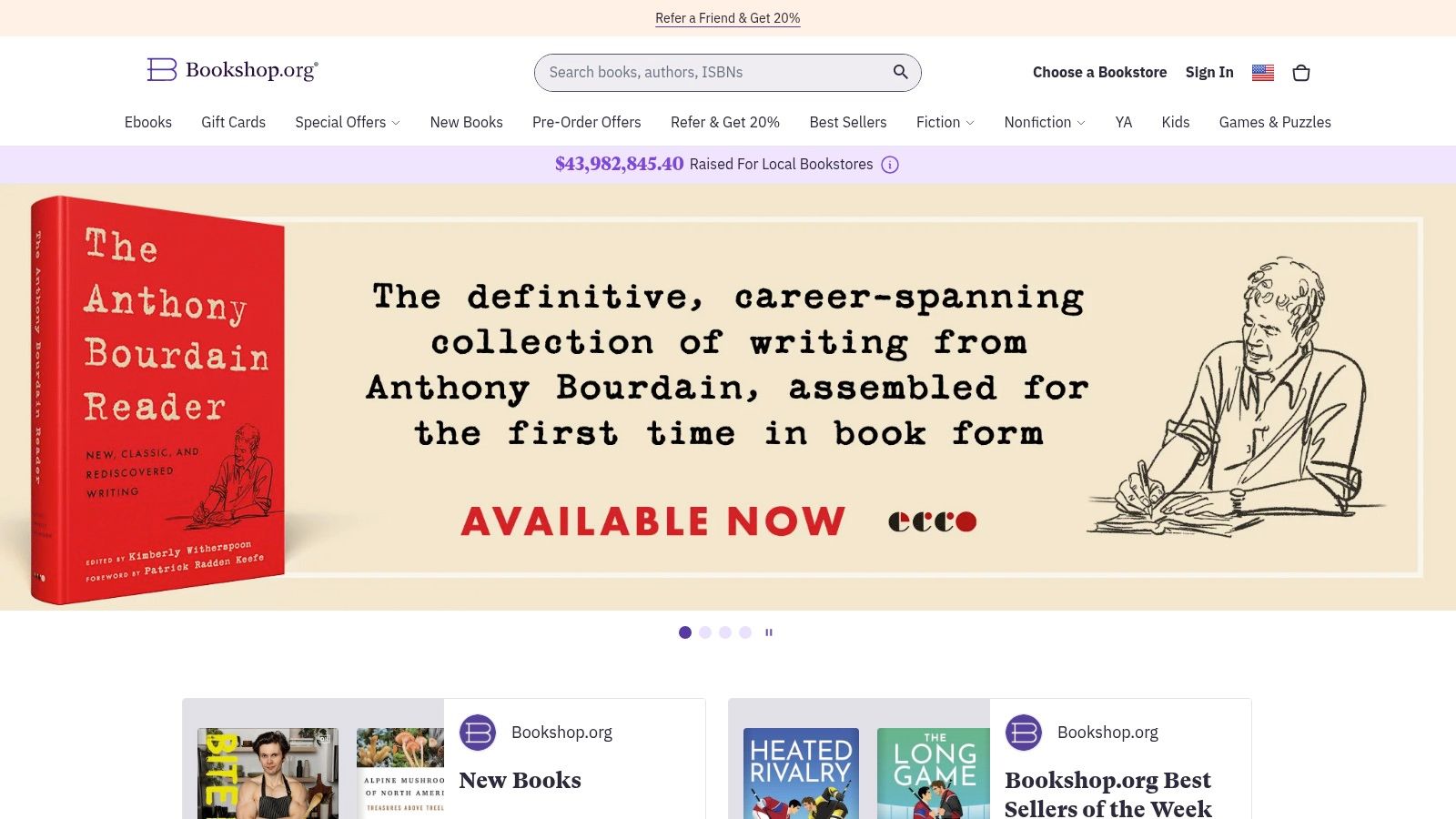Bookshop.org homepage showing a curated list of children's books.