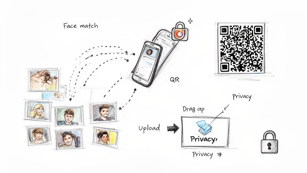 A sketch illustrating a photo sharing platform with face matching, QR code, and privacy features.