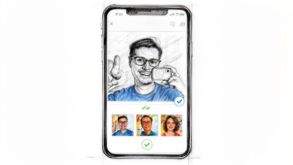 A smartphone screen displaying a photo editing app converting a man's picture into a pencil sketch.