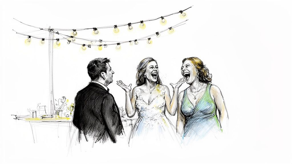 Sketch of a groom, bride, and a guest laughing joyfully under string lights at a wedding.