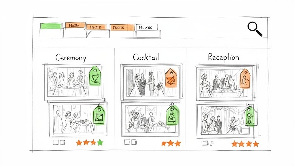 Wireframe of a wedding photo selection interface with categories, thumbnails, and rating options.