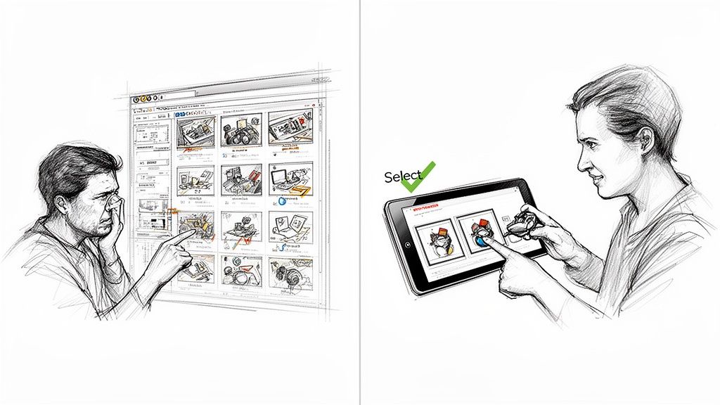 Two people proofing and selecting images digitally, one on a large screen, another on a tablet.