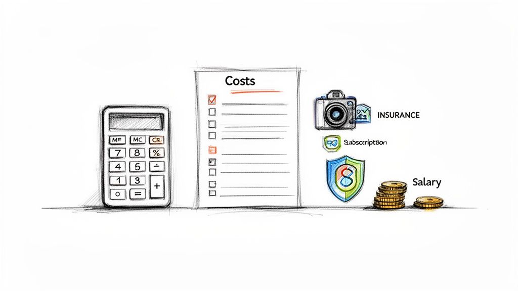Hand-drawn illustration of financial planning elements: calculator, cost checklist, camera, insurance, subscription, and salary.