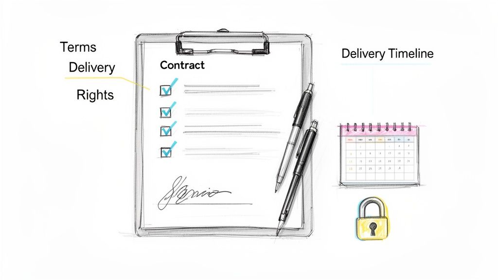 A sketch showing a contract on a clipboard with checked items, pens, a delivery timeline, and a padlock.