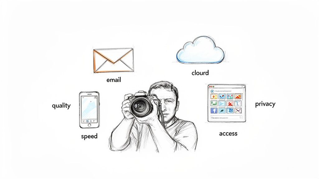 Sketch of a photographer surrounded by icons for email, cloud, smartphone, and social media, illustrating photo sharing.
