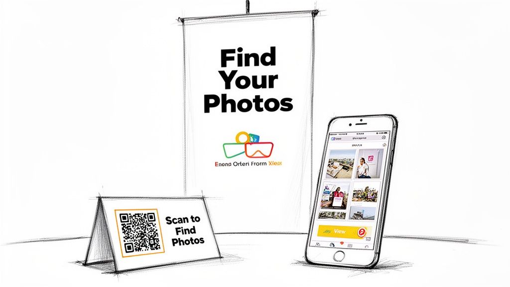 Setup for finding event photos with a QR code sign, 'Find Your Photos' banner, and smartphone app.