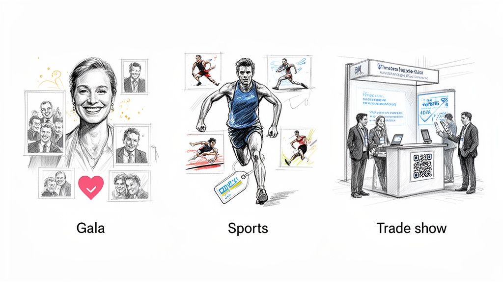 Sketched illustrations showing a woman at a gala, a runner in sports, and a trade show booth.