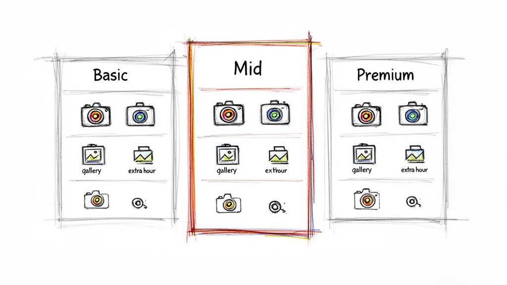 Hand-drawn sketch of three photography pricing plans: Basic, Mid (highlighted), and Premium, comparing features.