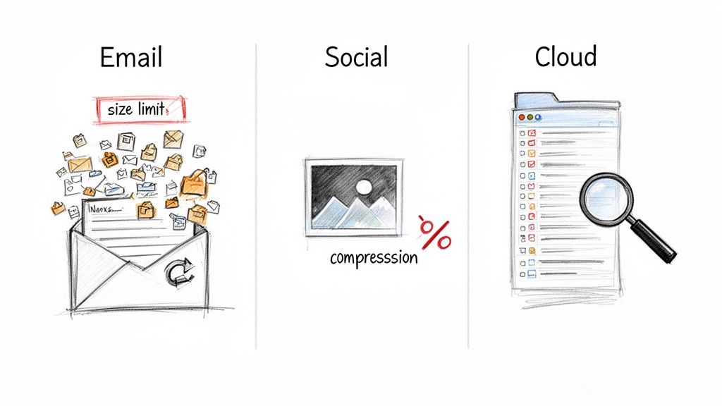 Illustrative diagram showing email size limits, social media image compression, and searchable cloud storage for files.
