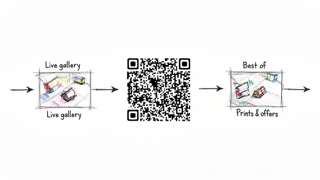 Flowchart showing a live gallery connected by a QR code, leading to a selection of prints and offers.
